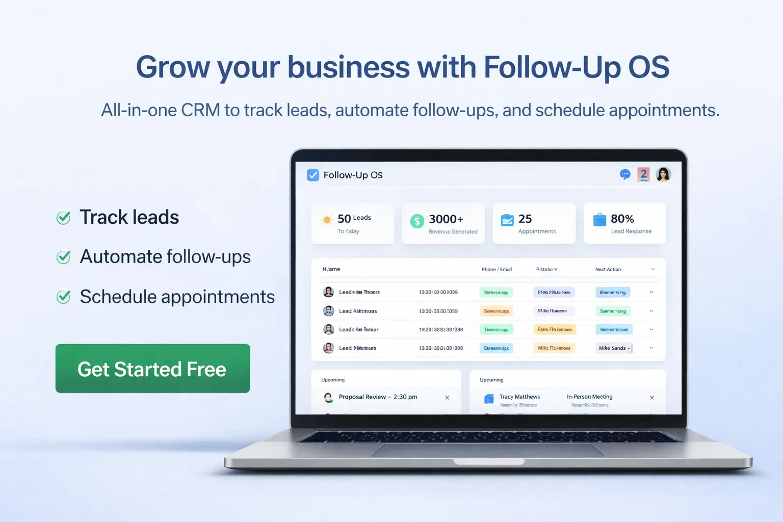 Follow-Up OS quote follow-up system showing lead stages, quote status, follow-up activity, and work won